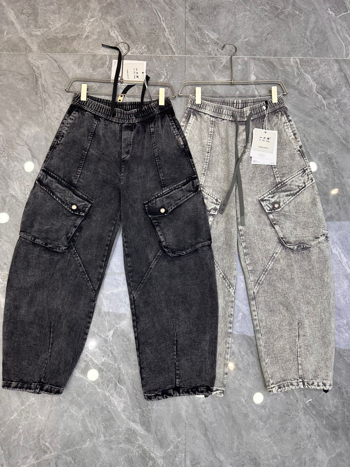 YZY Korean Style Faded Dark Grey Baggy Fit Denim Cargo Pants Y1080