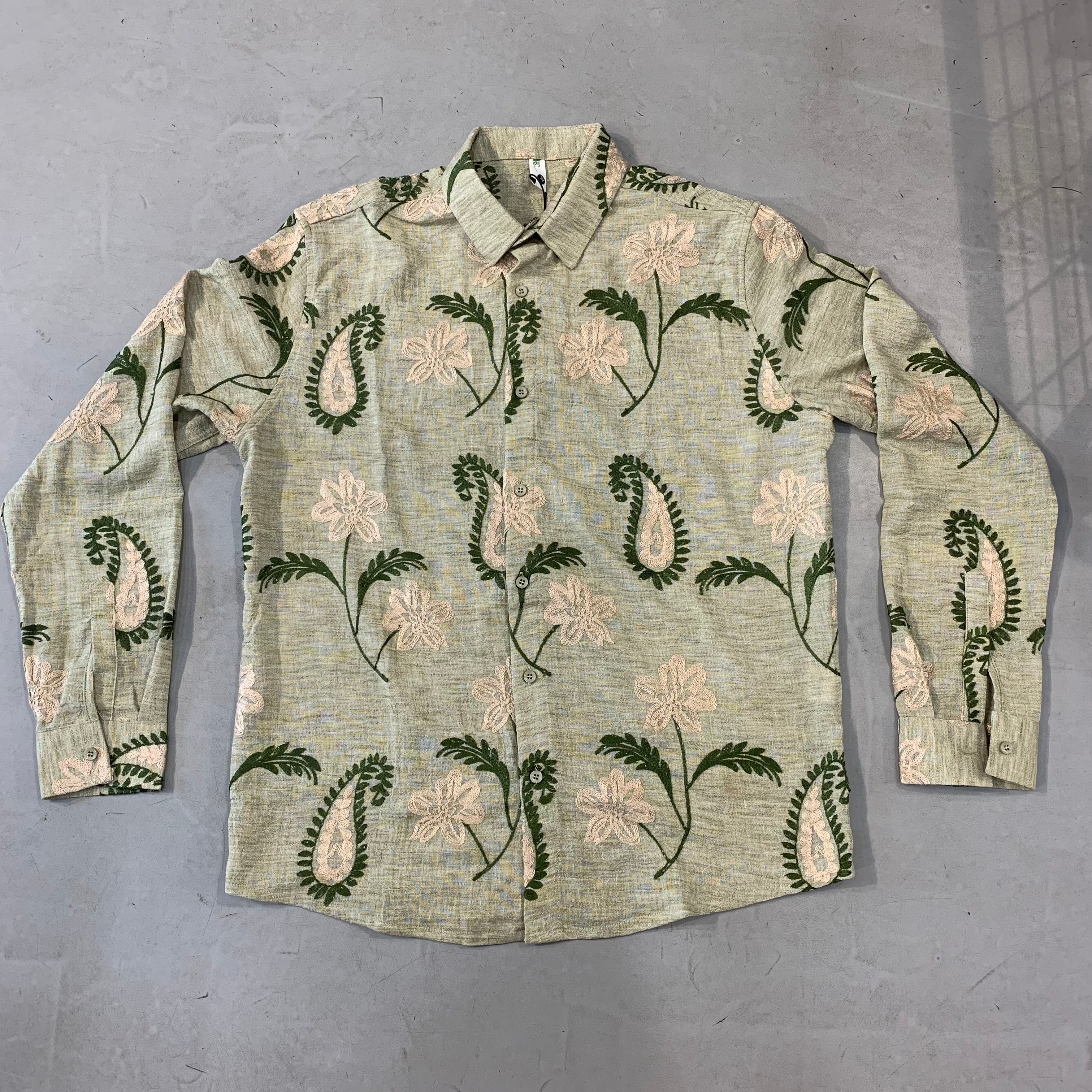 BC Green Colour Flower Embroidery Linen Premium Quality Full Sleeve Shirts 9193