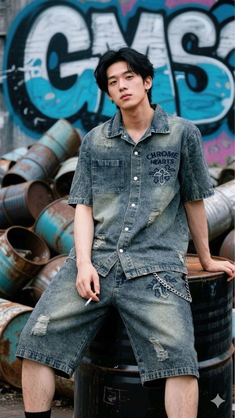 DESIGNER RHC CHR  Greenish Blue Denim Rugged Shirt With Shorts Imported Unisex Coord Set  5508
