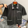 SAVAGE BASE GatherMade Black Colour White Collar Embroidery With Pocket Zipp Style Half Sleeve Imported Unisex Shirt YR9309