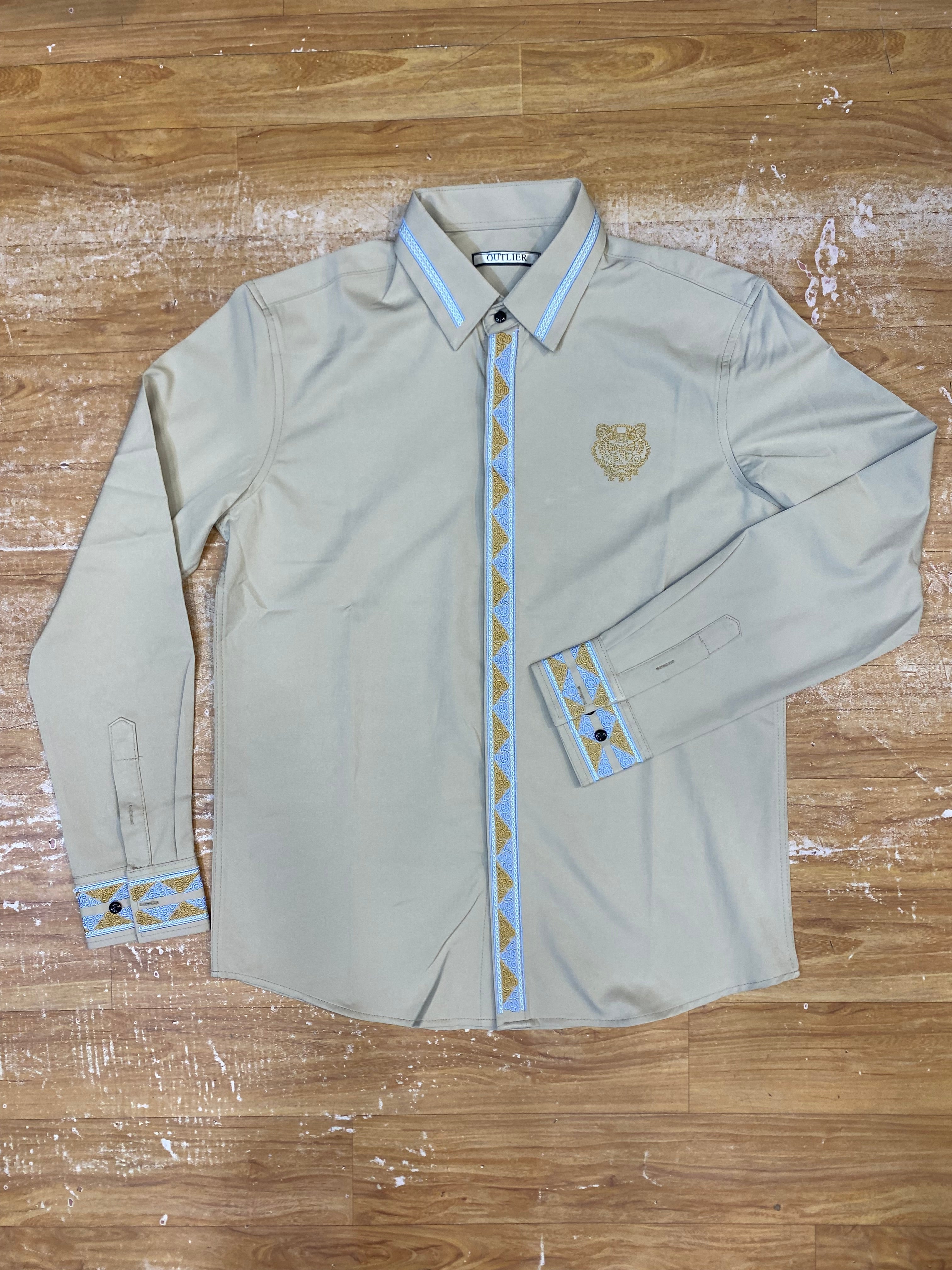 Outlier Cream Shirt Blue Flower Print Stripe Premium Quality Full Sleeve Shirt A1091
