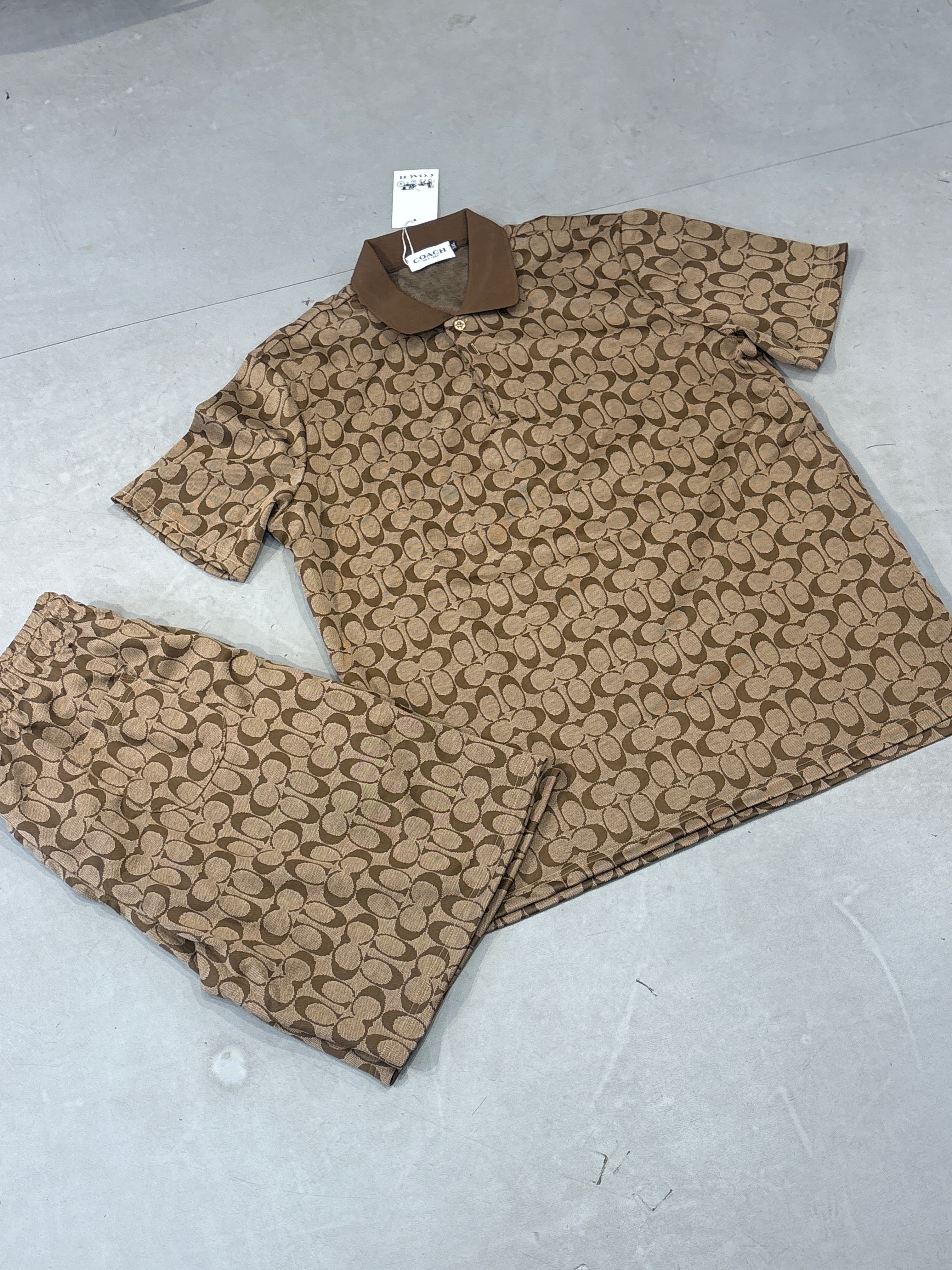 Aoc Coa Beige Brown Colour Print Coller T Shirt With Shorts Coord Set 990102