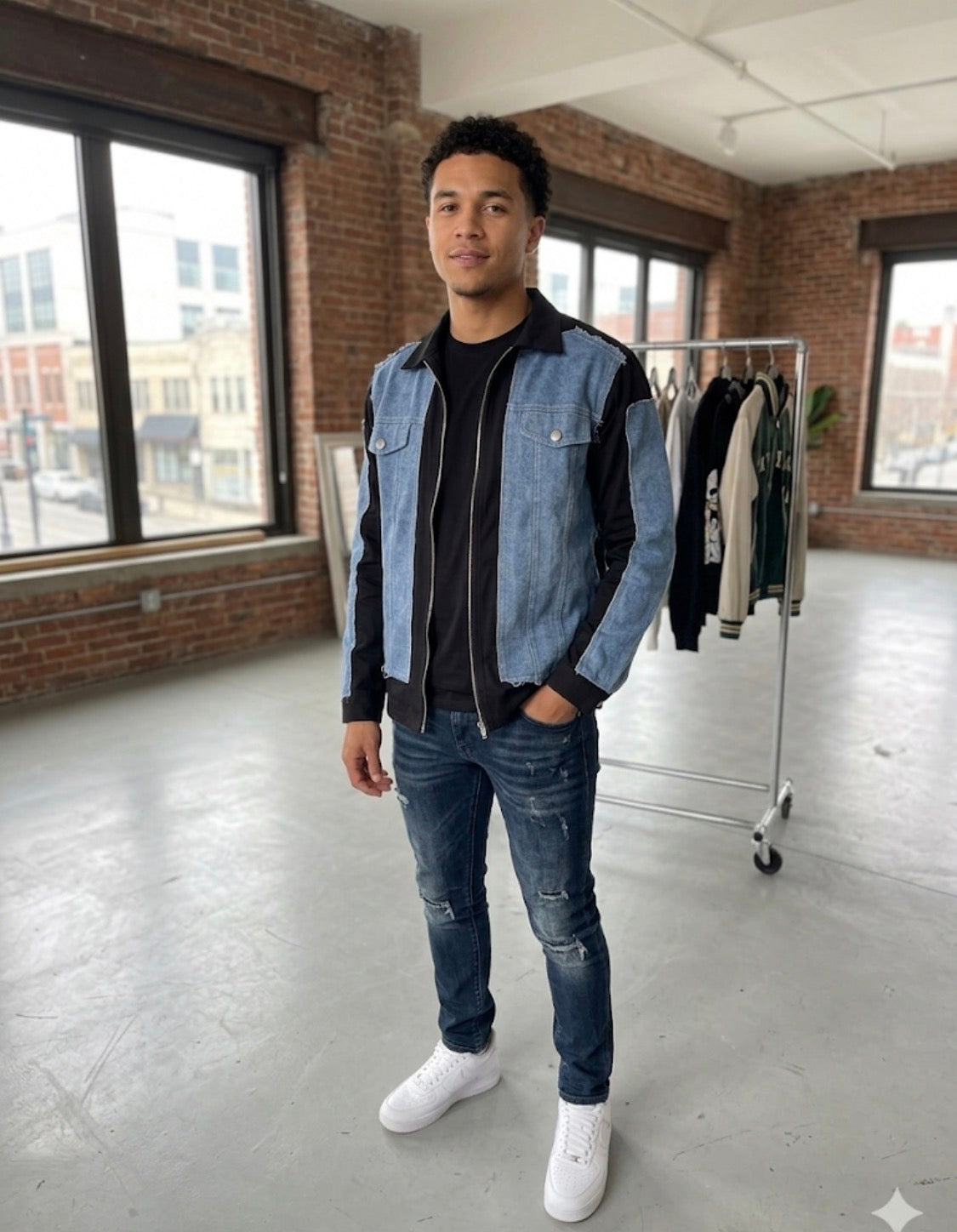 Vogue Design Black Colour Blue Denim With Zip Full Sleeve Imported Men’s Shirt 1005