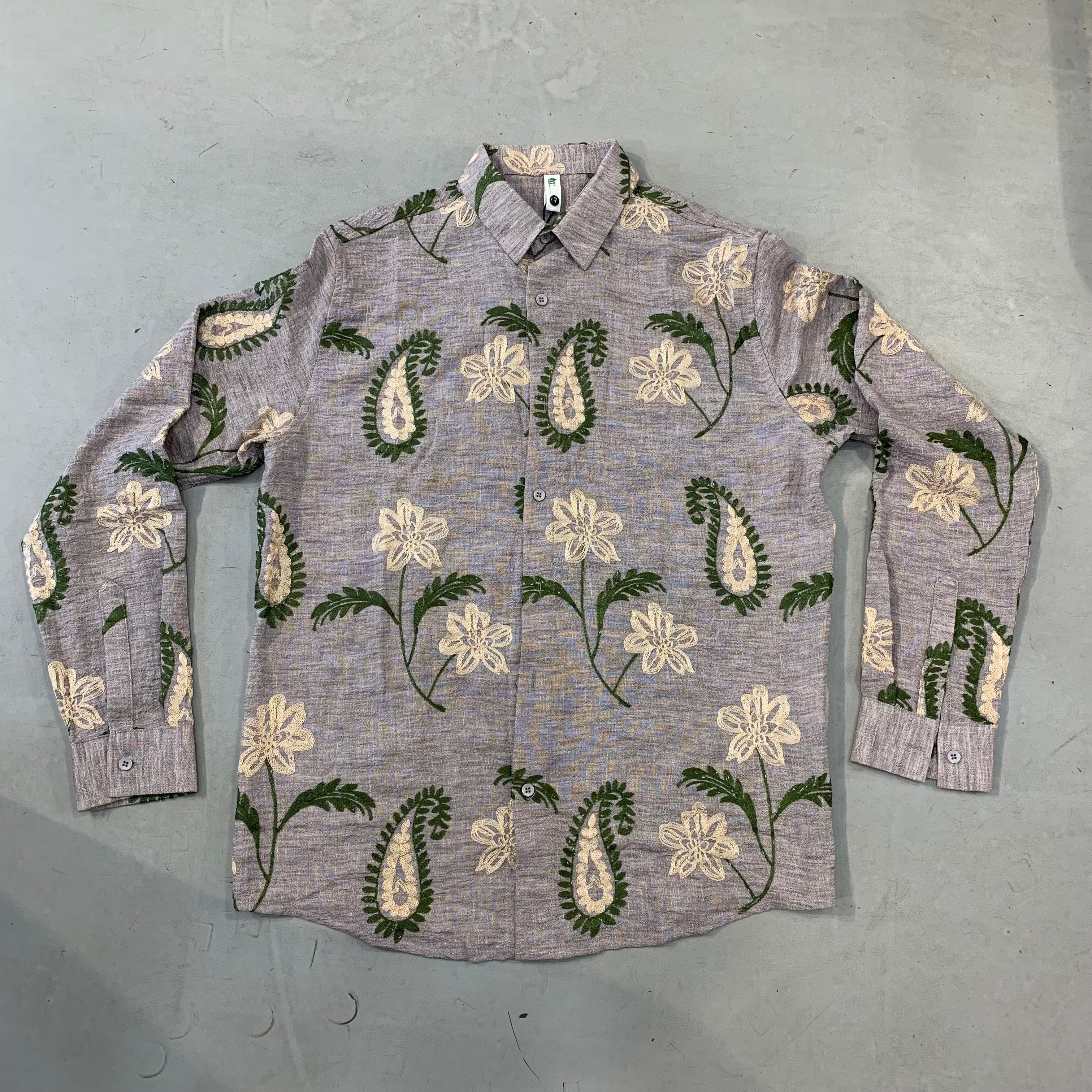 BC Light Purple Colour Beige Green Embroidery Work Full Sleeve Linen Shirt 9193