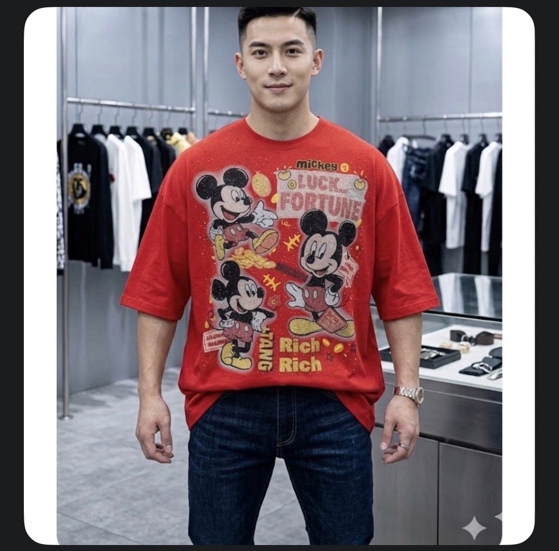 M Four Red Colour Stone Mickey Print Baggy Look Round Neck Imported T-Shirt 1261