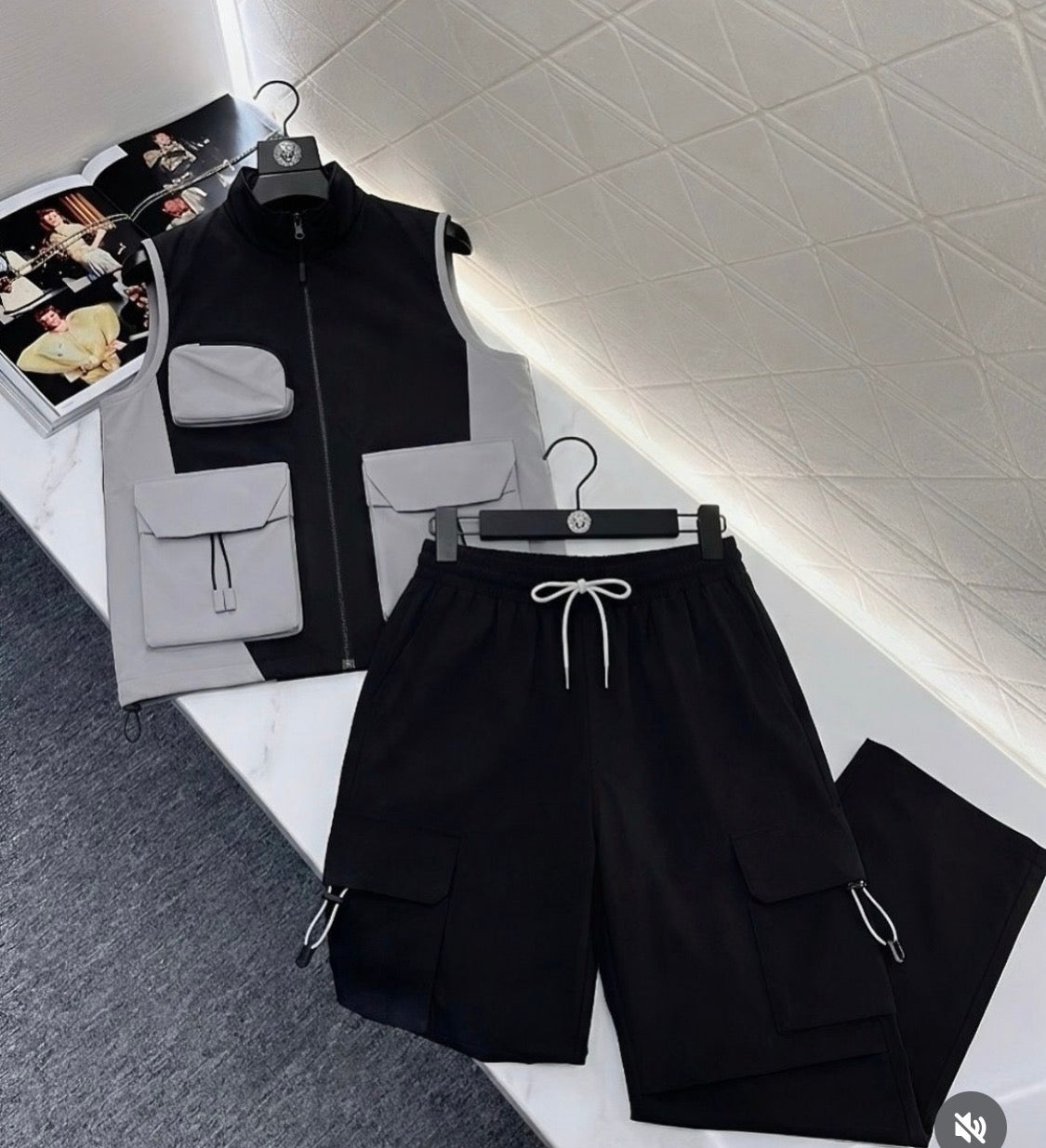 Manmo Grey Black Colour Sleeve Less Jacket with Lower  Premium Quality Imported Unisex Coord Set 6018
