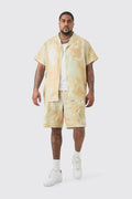 Booh Oob Man Green Golden Linen Look Tie Dye Paisley Embroidery Shirt Short 5045744680984