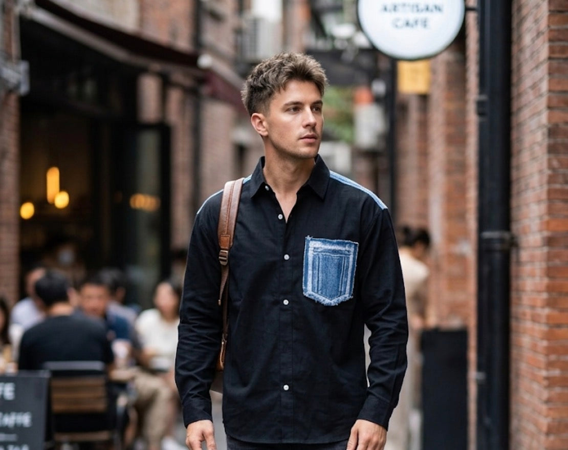 Gunot Fashion Black  Colour Denim Pocket Half Sleeve Imported Men’s Shirt 017