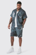 Booh Oob Man Black Grey Linen Look Tie Dye Paisley Embroidery Shirt Short 5045744680922