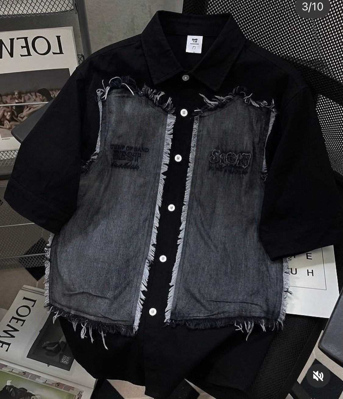 VOGUE DESIGN SLOW ORAIP OF SAND Black With Grey Denim Half Sleeve Drop Shoulder Imported Men’s Shirt 2665