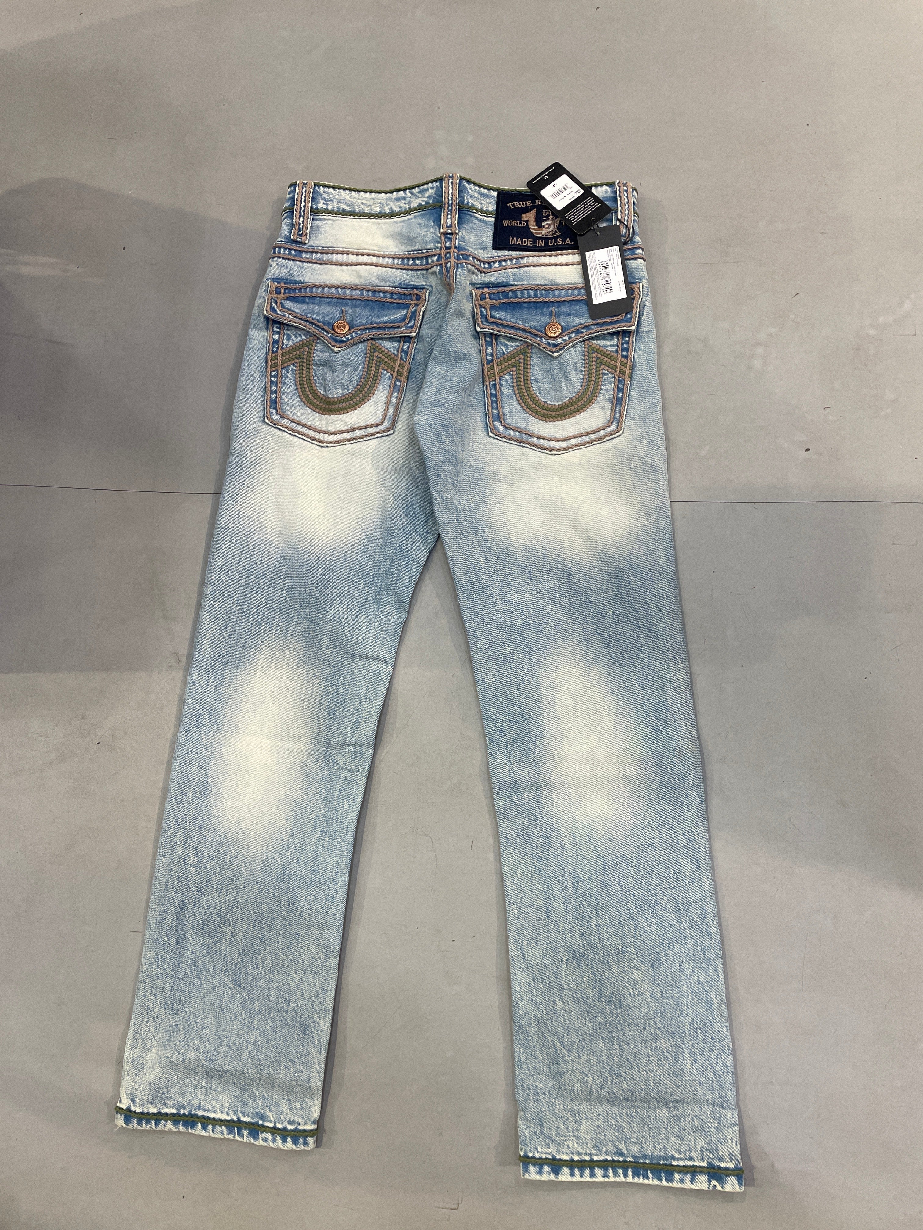TR URT Light blue colour With Brown  Green Thread Work Straight Fit Men’s Jean’s 14360
