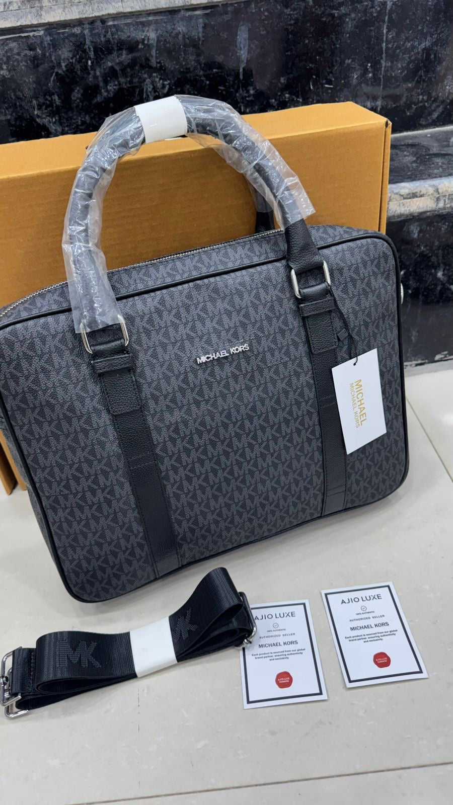 CIM MIC KM Print Genuine Leather With Multiple Zipper Premium Quality Unisex Laptop Bag With Box 989741