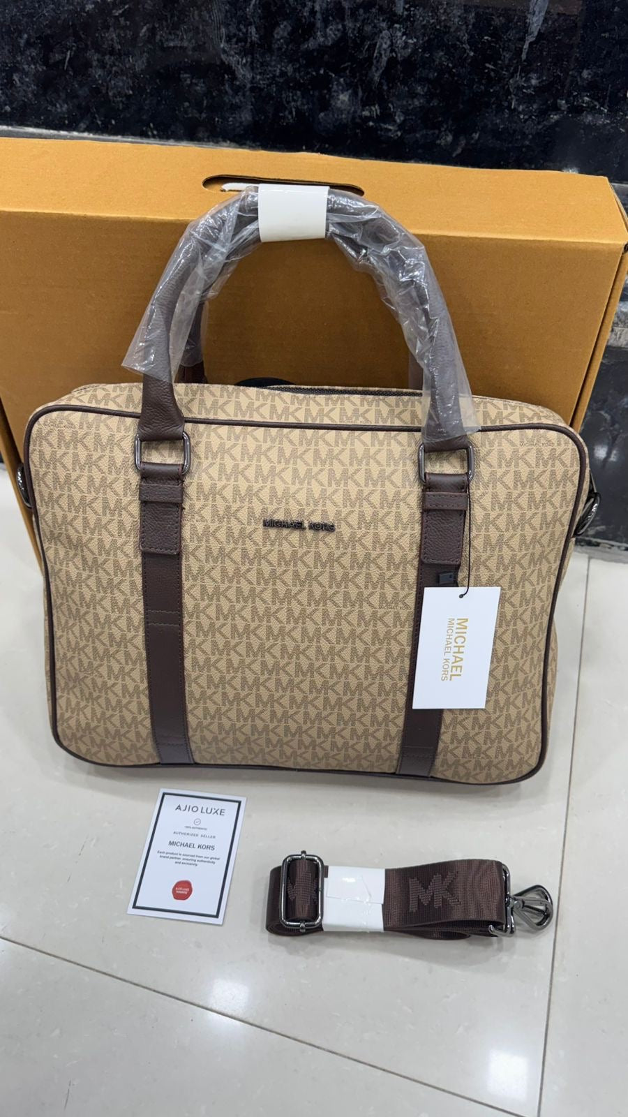 CIM MIC KM Print Genuine Leather With Multiple Zipper Premium Quality Unisex Laptop Bag With Box 989741