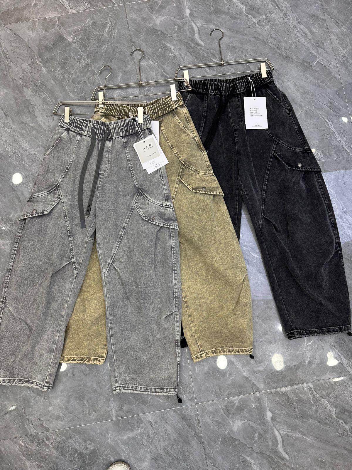 YZY Korean Style Faded Dark Black Grey Baggy Fit Denim Cargo Pants Y1076