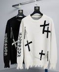 LET’S ROCK Cream Important Ripped Crew Neck Oversized Unisex Knit Sweater 7576