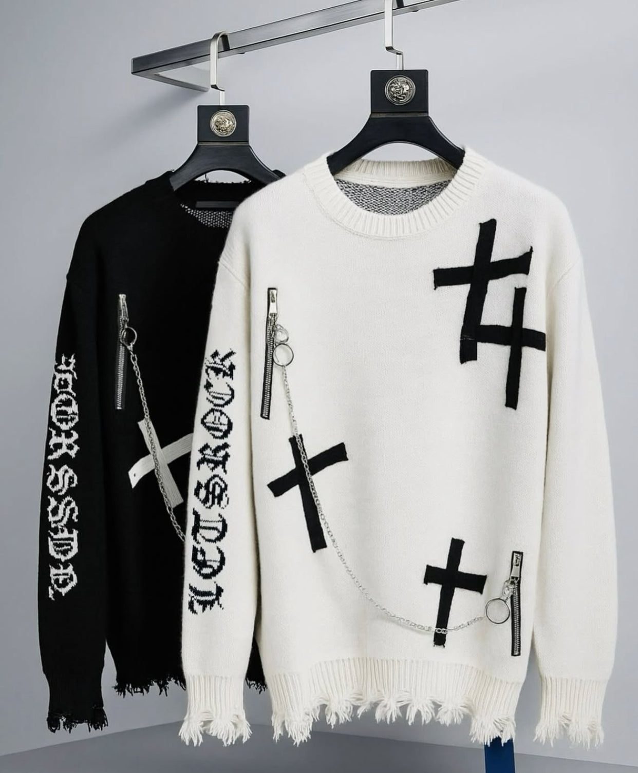 LET’S ROCK Cream Important Ripped Crew Neck Oversized Unisex Knit Sweater 7576
