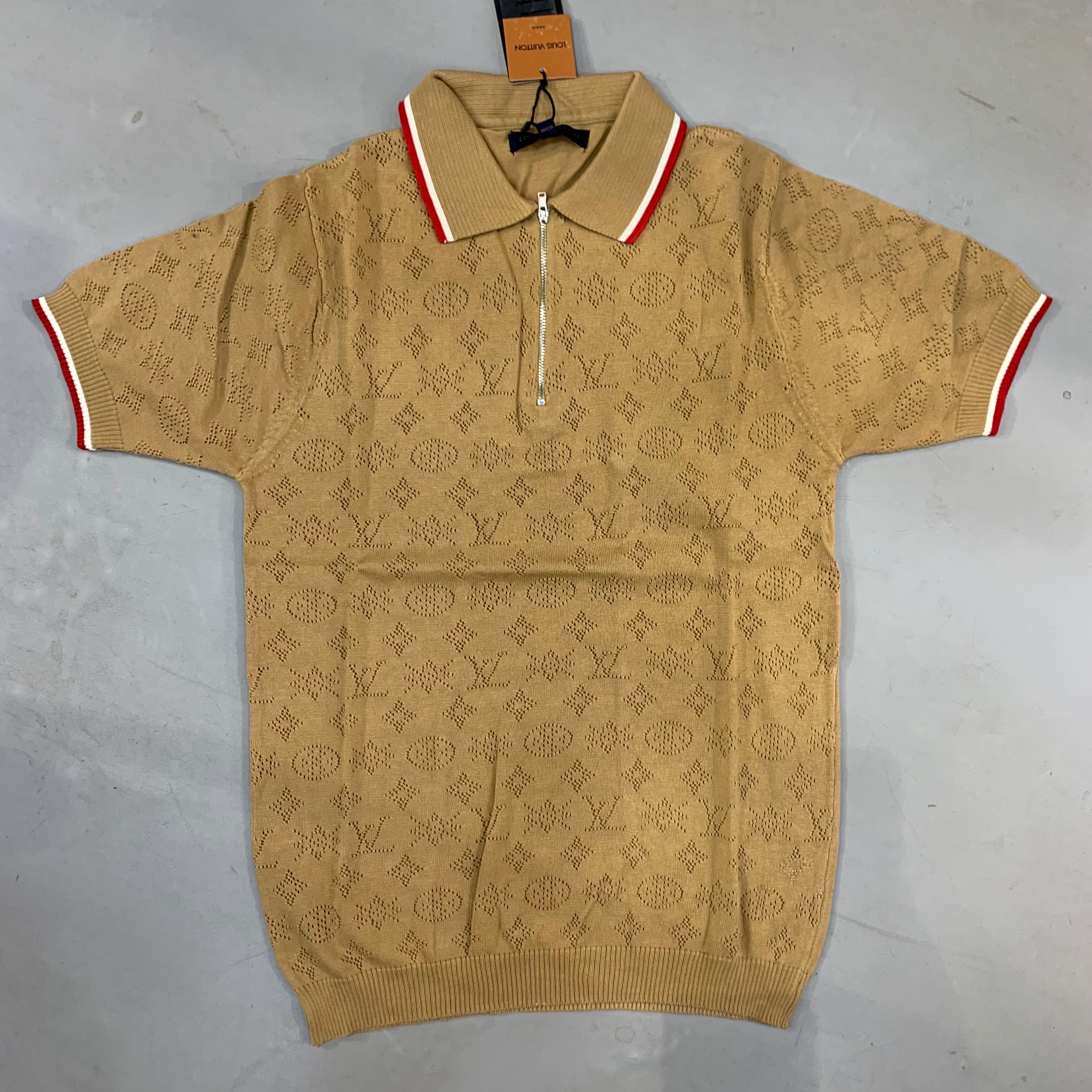 UOL LOU Knitting Beige Colour Red Line Collar Men’s Tshirt 07
