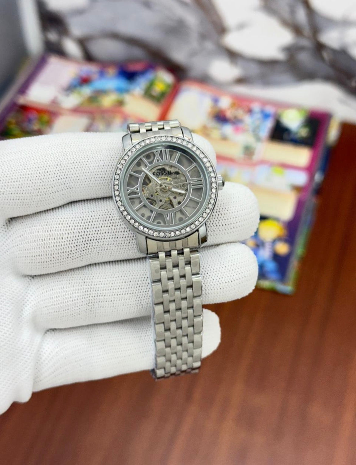 Sof Silver Chain Silver Stud Ring Silver Dial Automatic Ladies Watch 990250