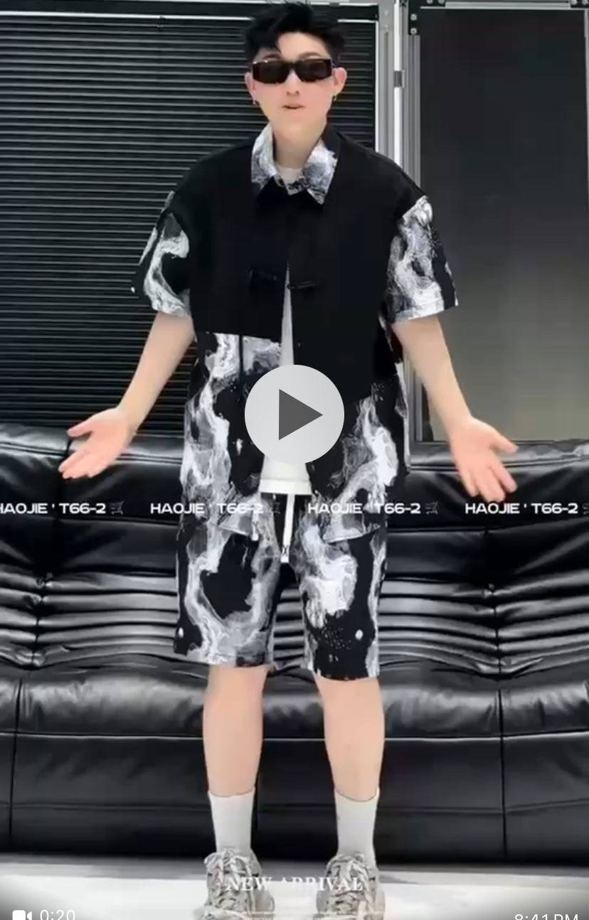 Shirt & Shorts White Black Coord Set T66-2