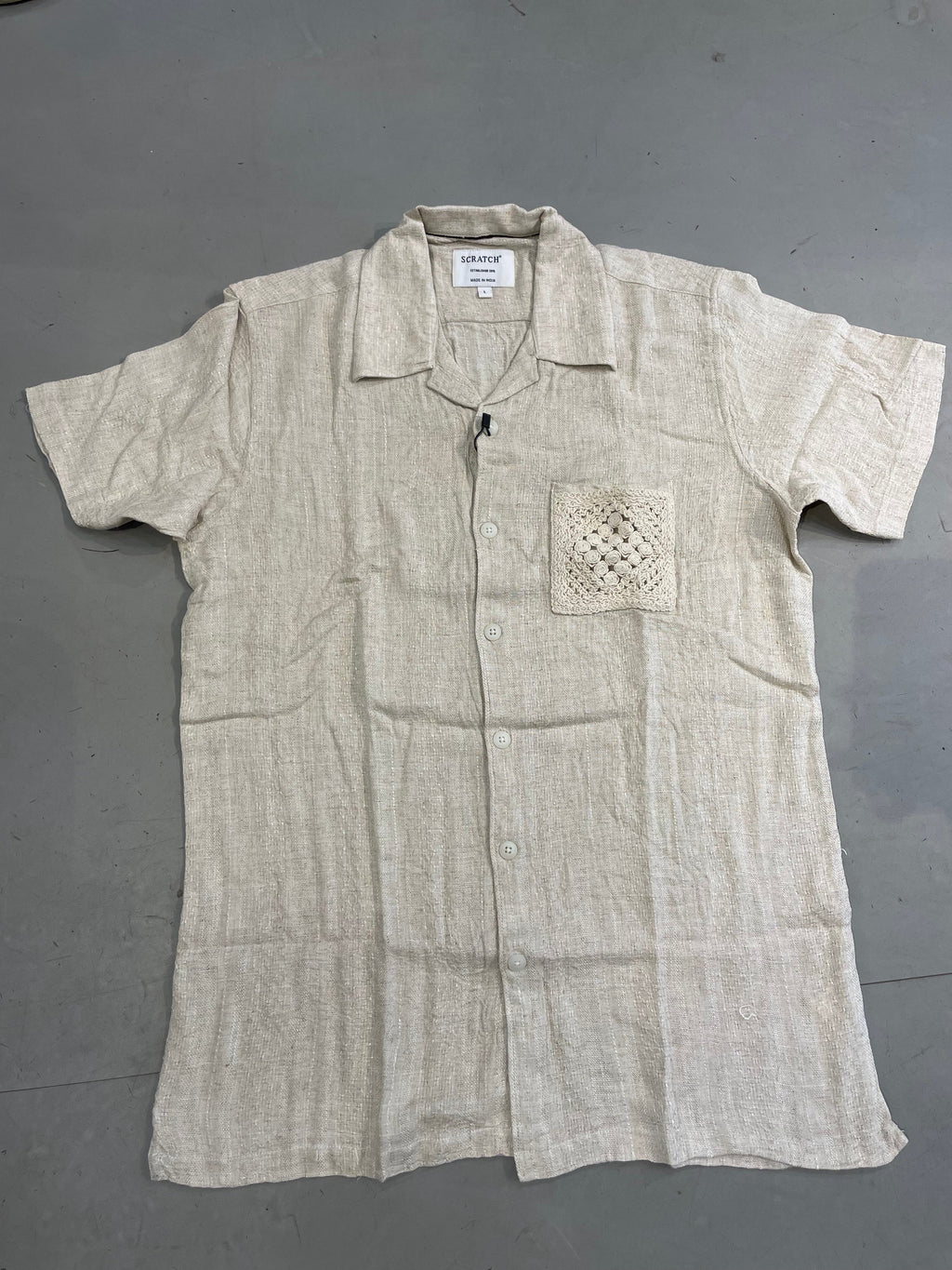 Scratch Beige Colour Linen Shirt With Fower  Crochet Design Half Sleeve Shirt S2893H/S