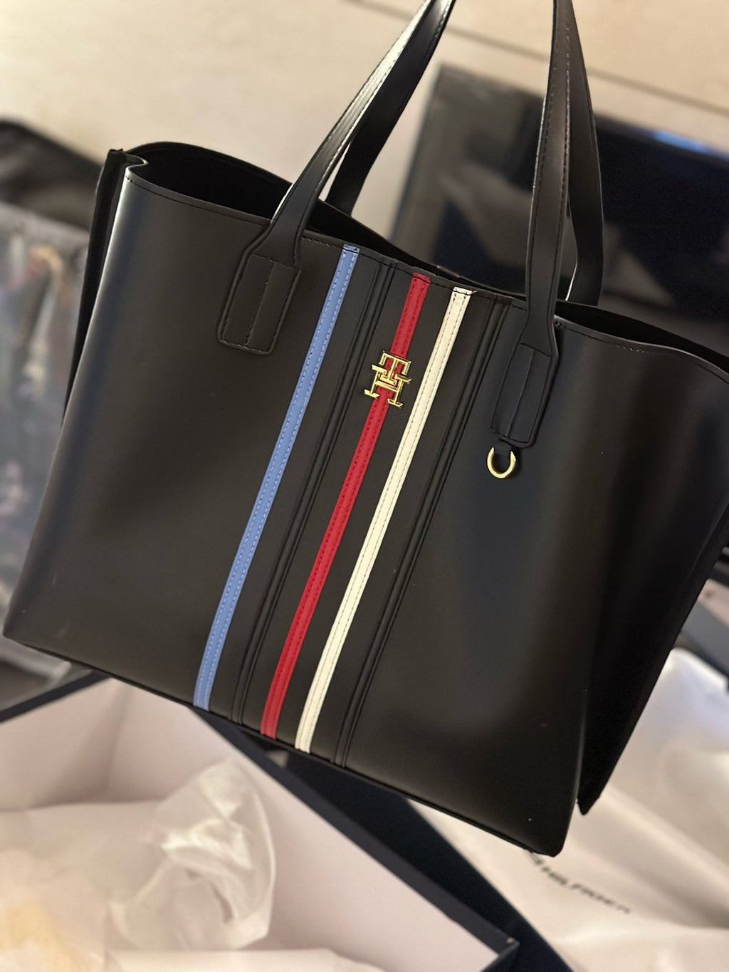 MOT TOM Black Colour Red Blue White Stripes Premium Quality Ladies Tote Bag With Box 3006