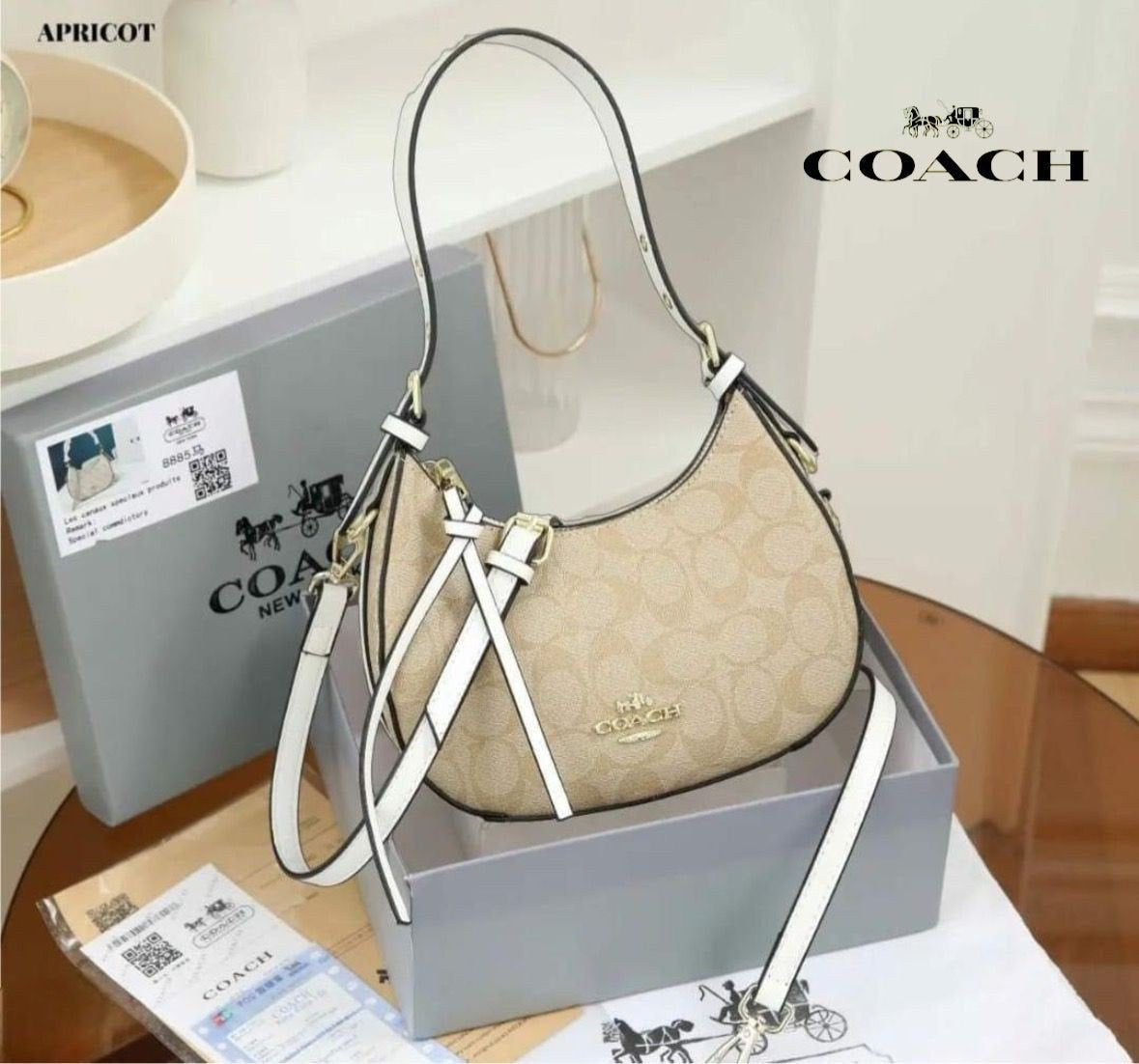 AOC COA Apricot Beige & White Colour Premium Quality Ladies Sling Bag With Box 2721
