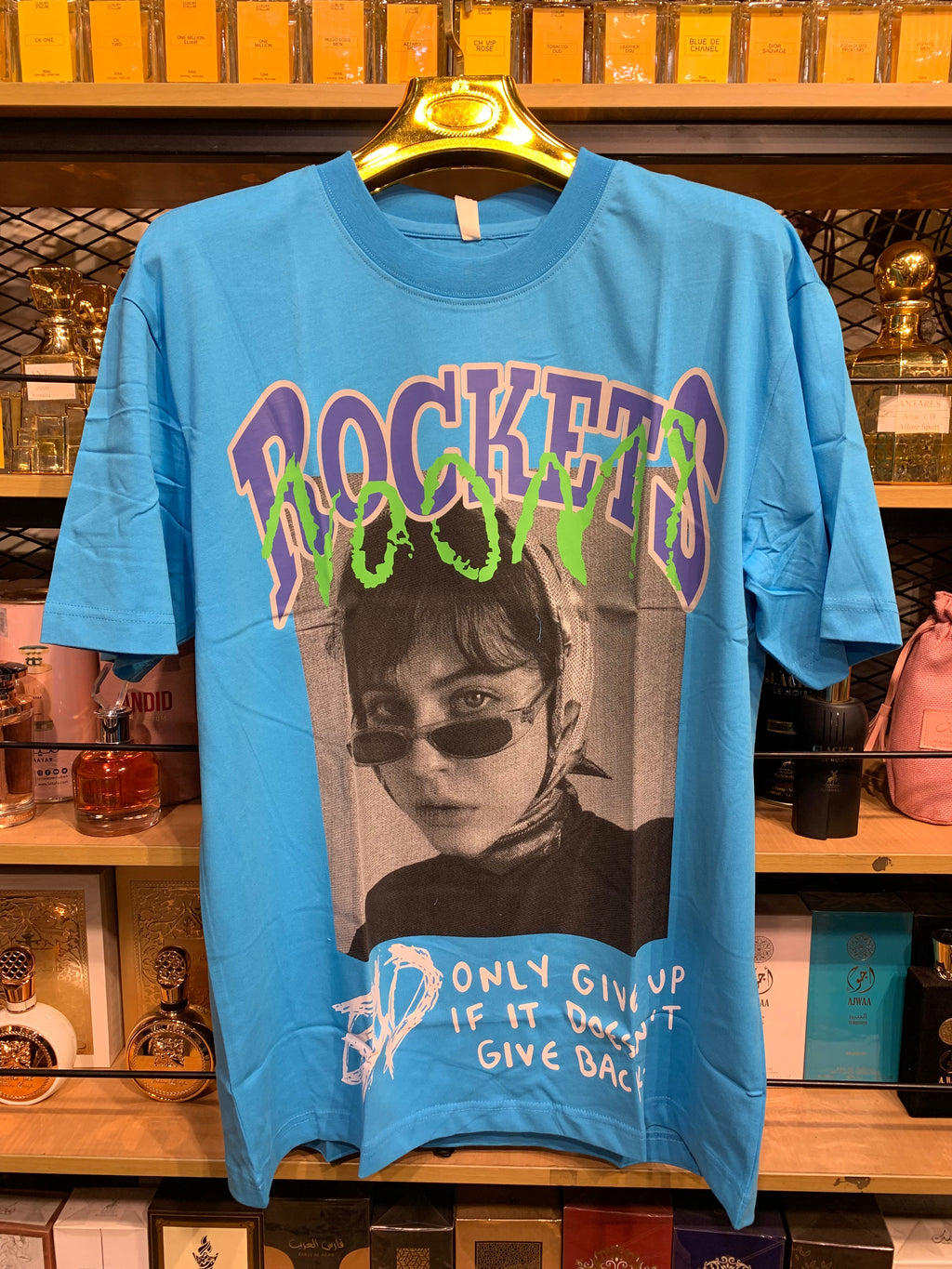 Fashion Styles  Blue Aqua Colour With Rockets Front Print And Back Print Premium Quality Tshirt W6320