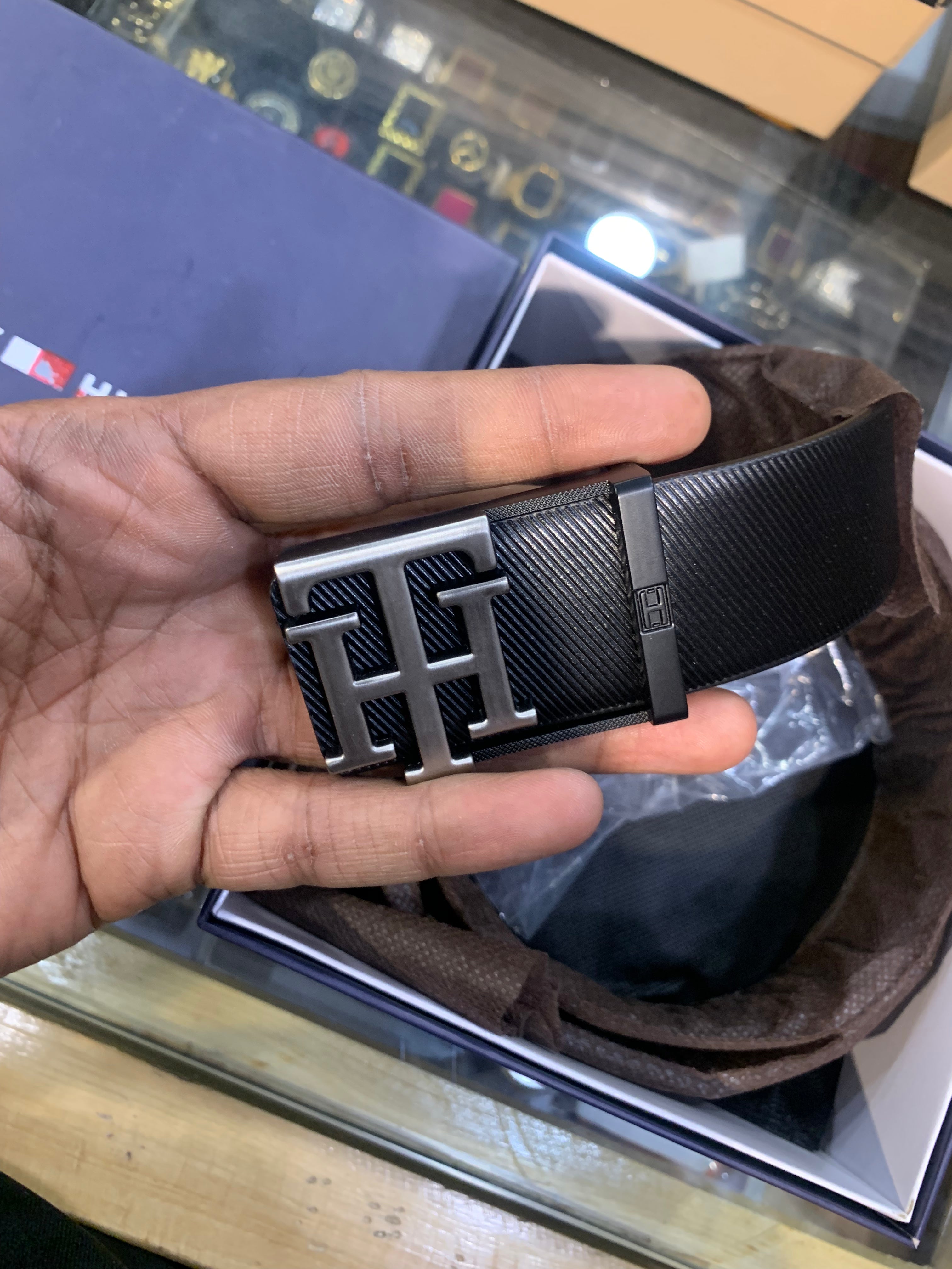 Mot Tom Hil Silver Black Buckle With Black Brown Double Side Strap Men’s Belt 988995