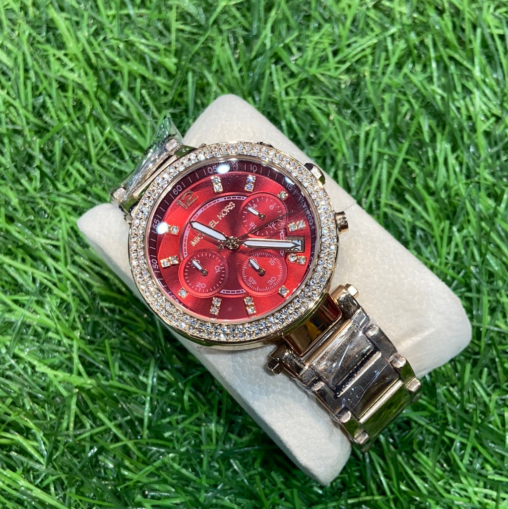Cim Red Copper Chrono Stud CIM Ladies Chain Watch 400127