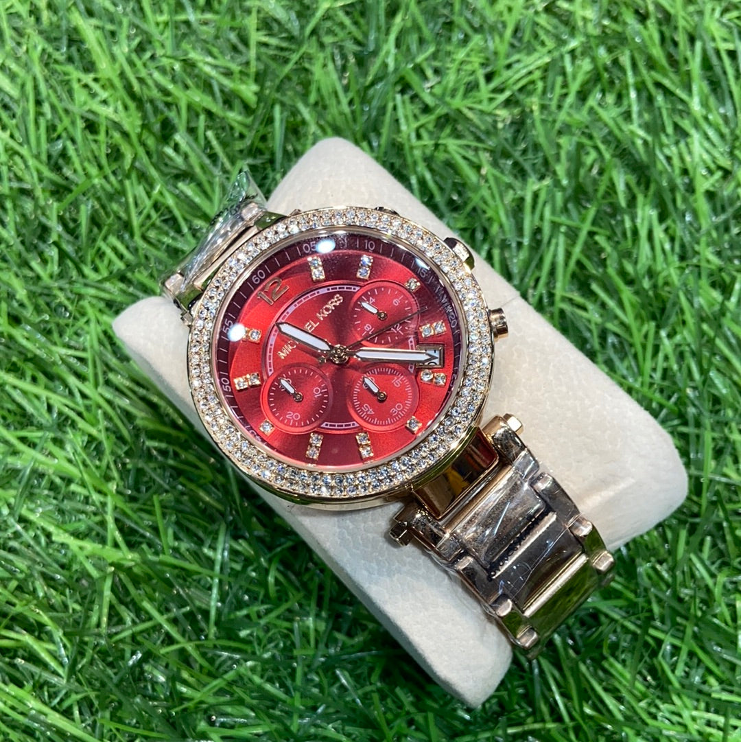 Cim Red Copper Chrono Stud CIM Ladies Chain Watch 400127